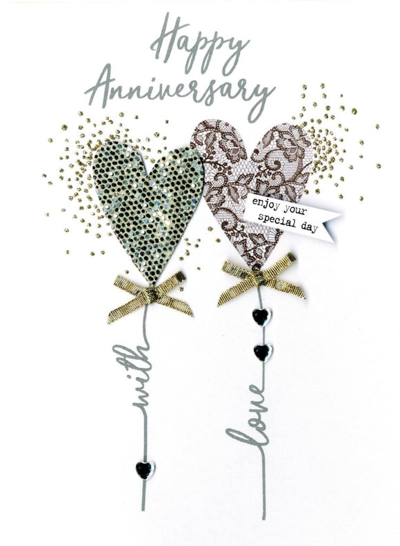 Happy Anniversary Card with Silver Heart Balloons