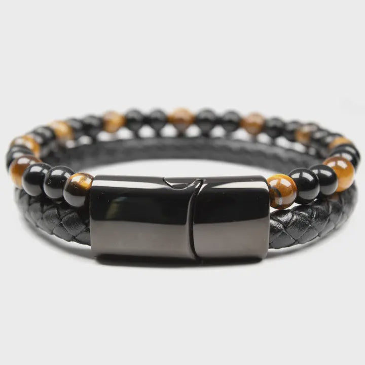 Unisex Gift - Genuine Tiger Eye and Black Onyx Leather