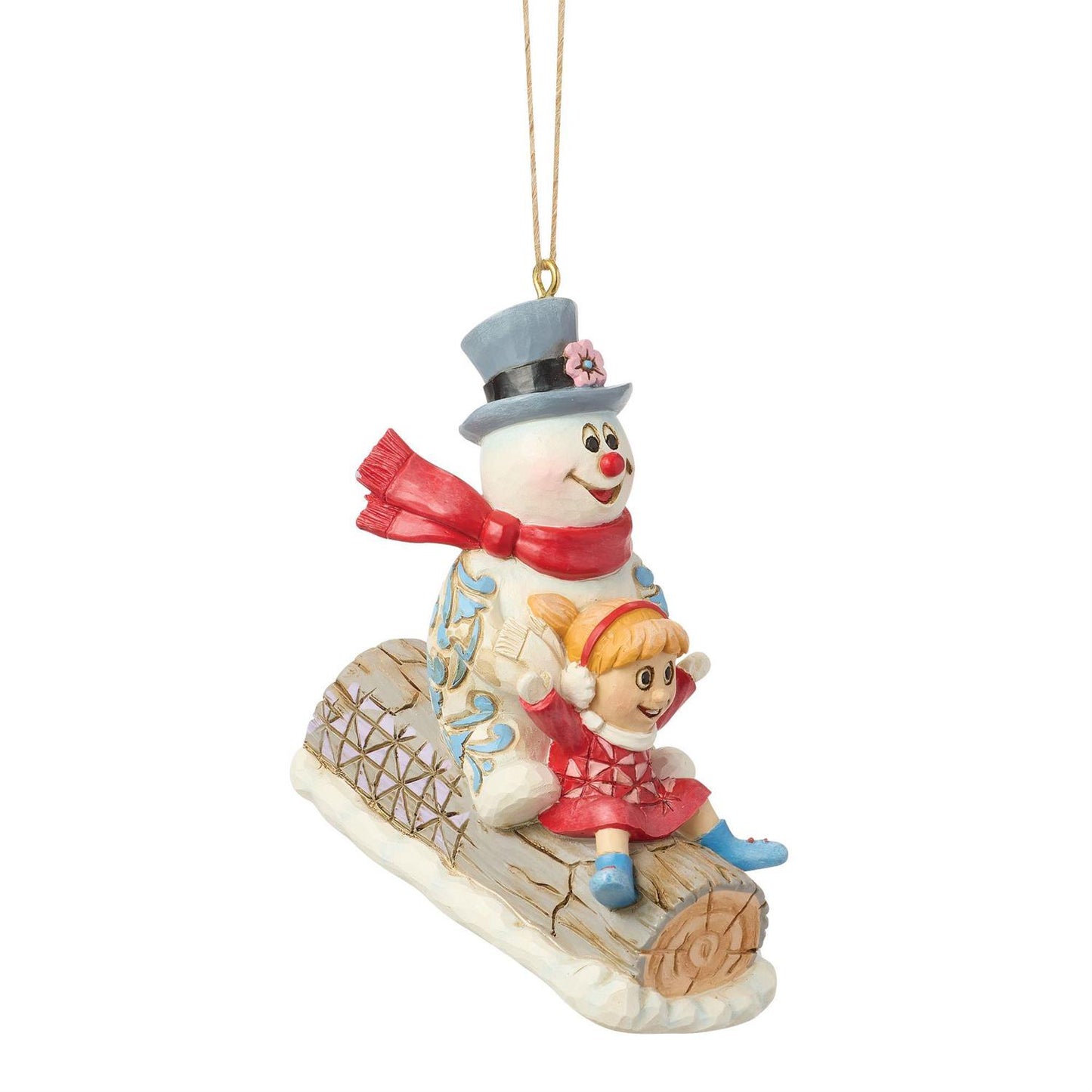 Frosty & Karen in Log Sled Ornament