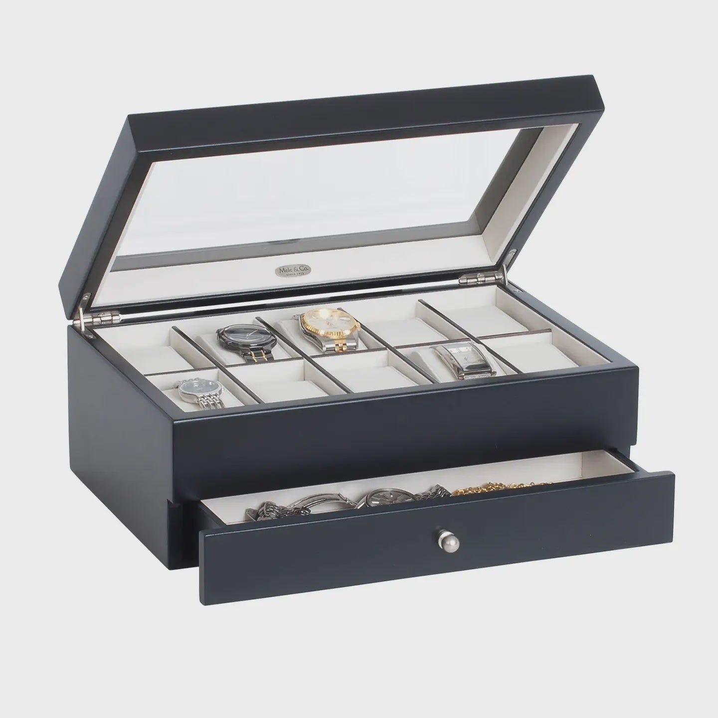 Mele and Co Grant Glass Top Wooden Watch Box in Java Finish