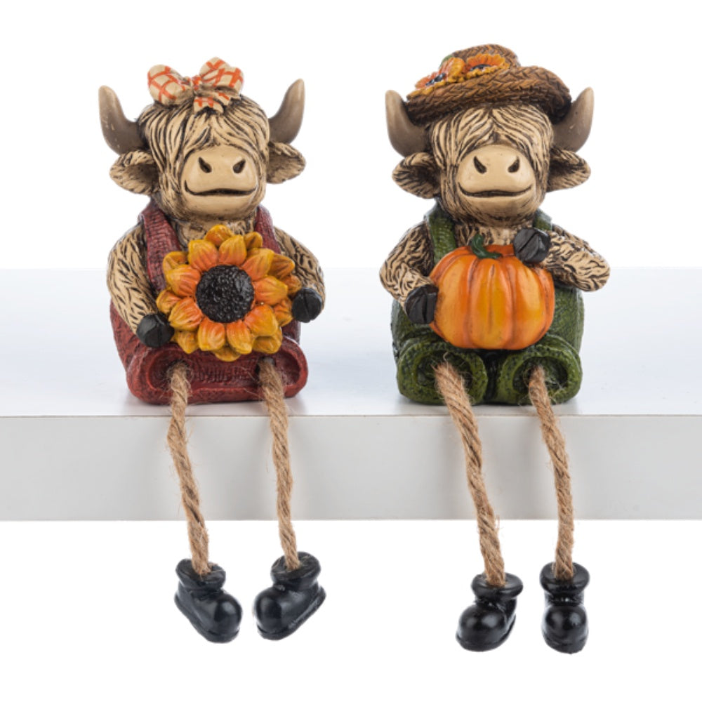 Autumn Highland Cow with Sunflower or Pumpkin Shelfsitter Figurine