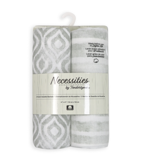 2 Pack Muslin Swaddle Blankets: Grey Watercolour