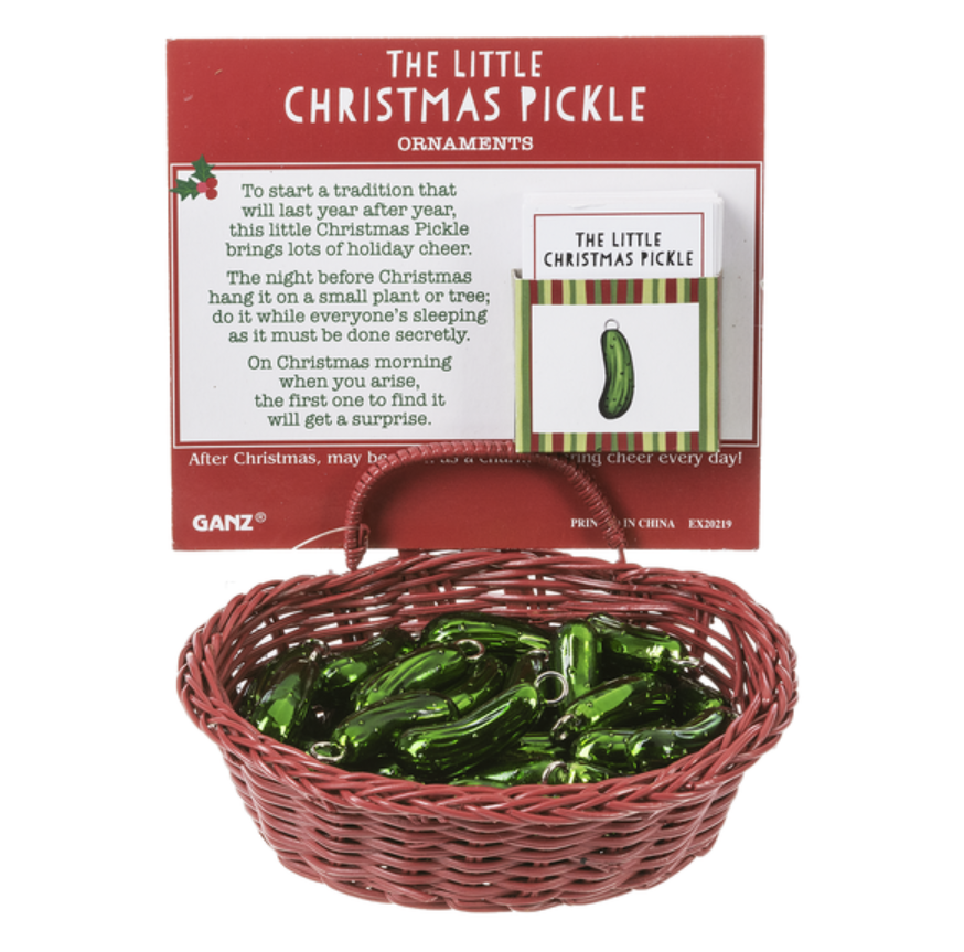 The Little Christmas Pickle Ornaments in a Basket