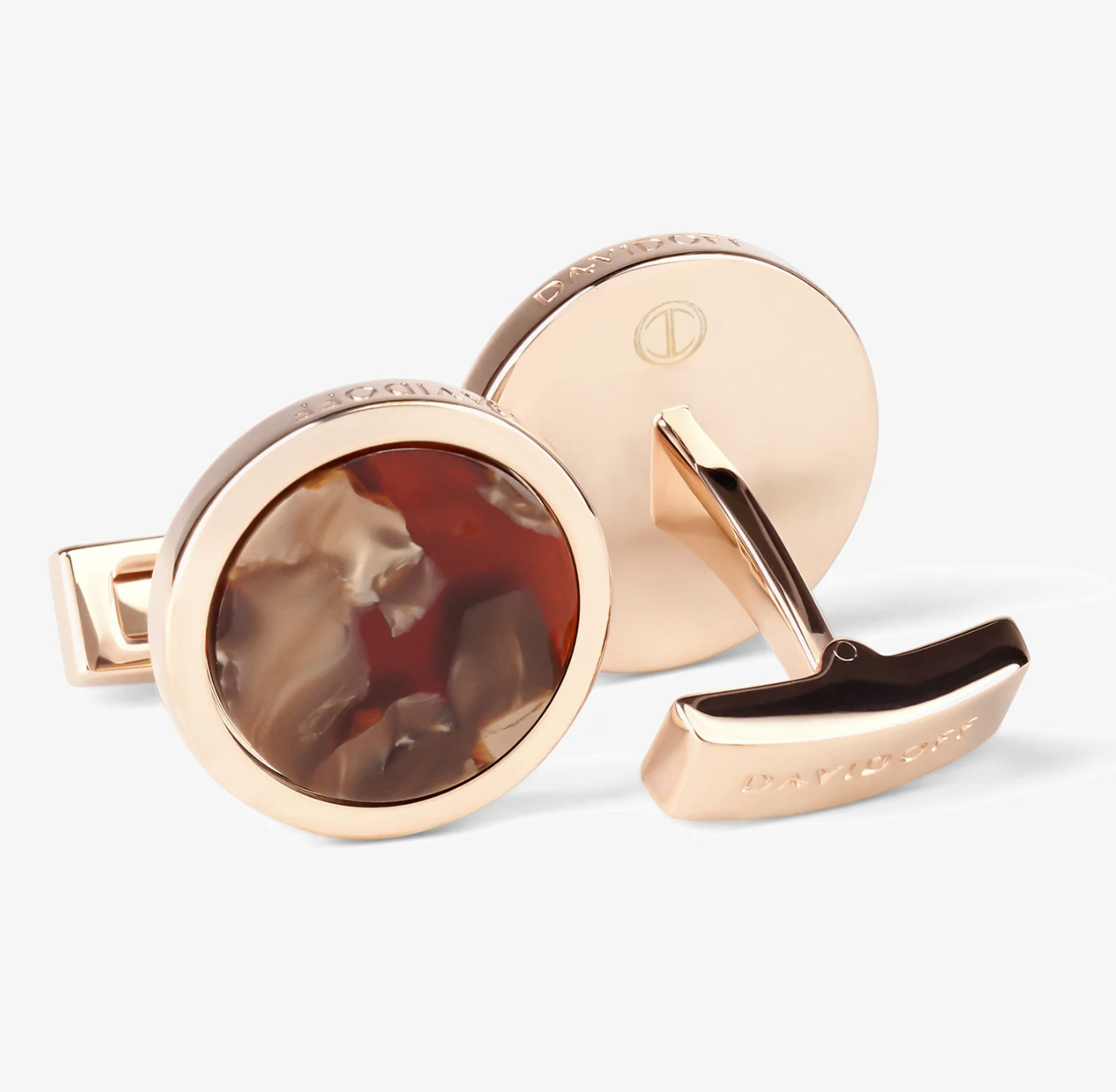 DAVIDOFF VENICE CUFFLINKS SOLID BRASS RHODIUM PLATED/COGNAC CELLULOID INSERT