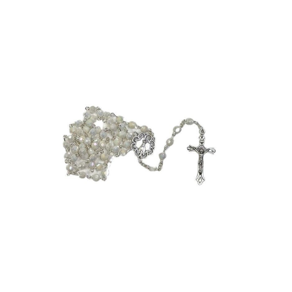 5mm White Faceted Plastic Fatima Rosary on Hang Tag