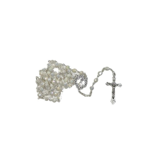 5mm White Faceted Plastic Fatima Rosary on Hang Tag