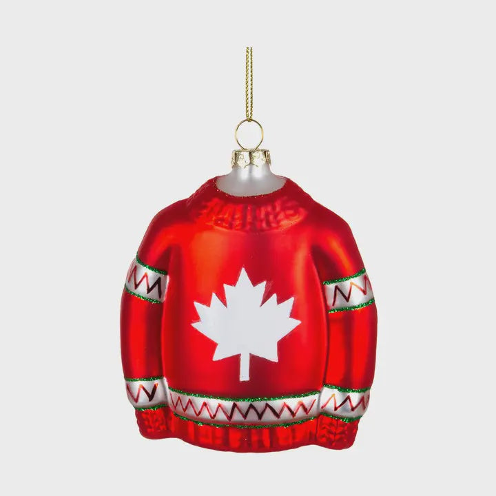 4" Glass Sweater Orn with Maple Leaf