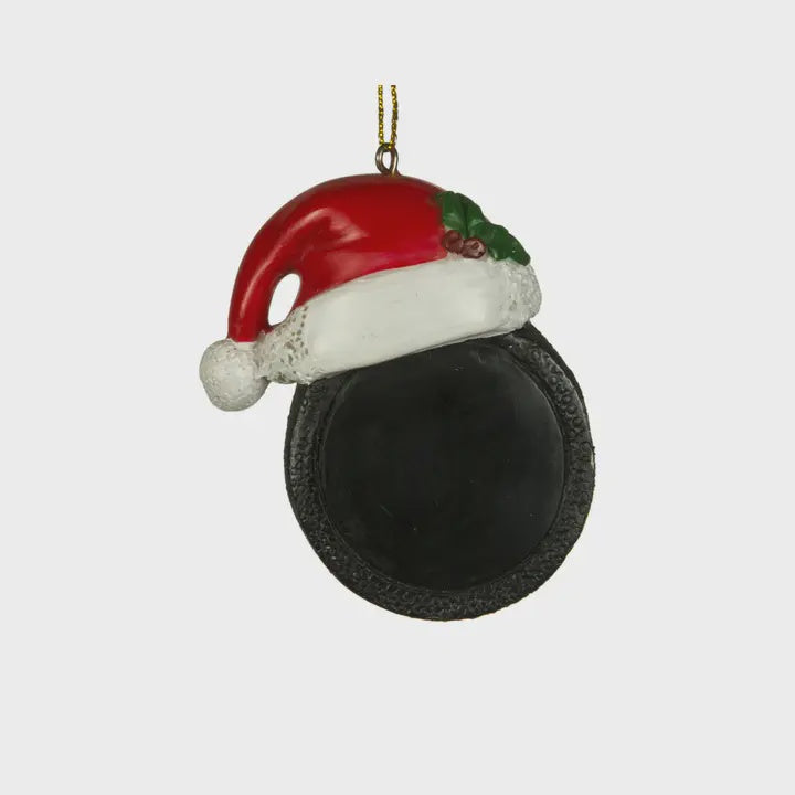 3" Hockey Puck W/Santa Hat Ornament