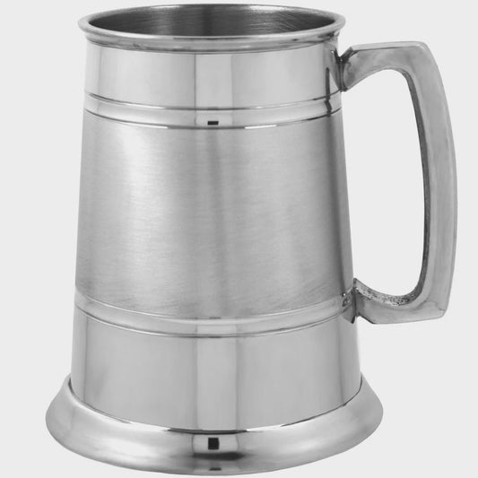 Pint Pewter Beer Mug Tankard With Classic Handle and Grooved Satin Band