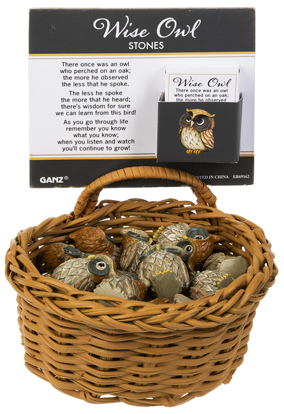 Wise Owl Stones in a Basket