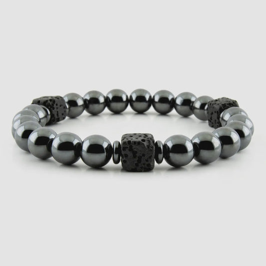 Black Hematite and Lava Stone Unisex Stretch Bracelet
