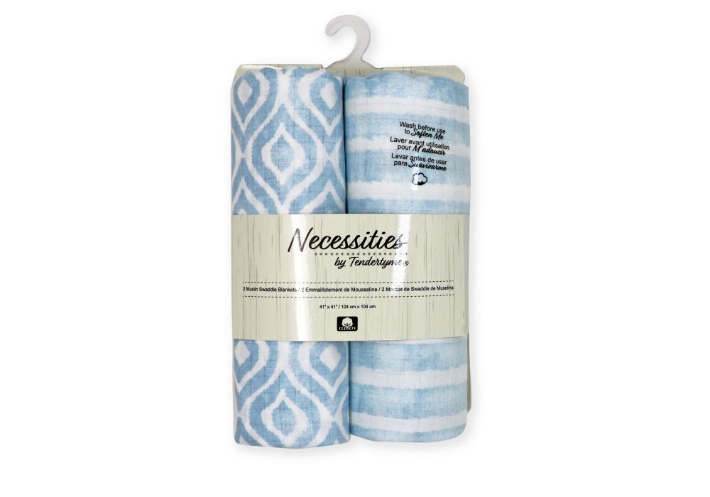 2 Pack Muslin Swaddle Blankets: Blue Watercolour