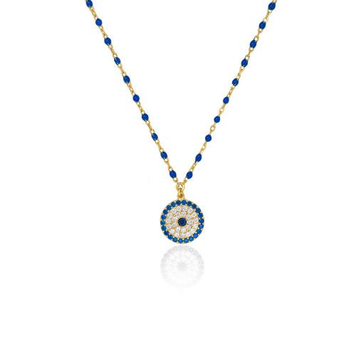 Sterling Silver Gold Plated Blue CZ Enamel Evil Eye Necklace