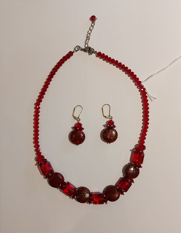 Red Beaded and Stone Necklace and Earring Set