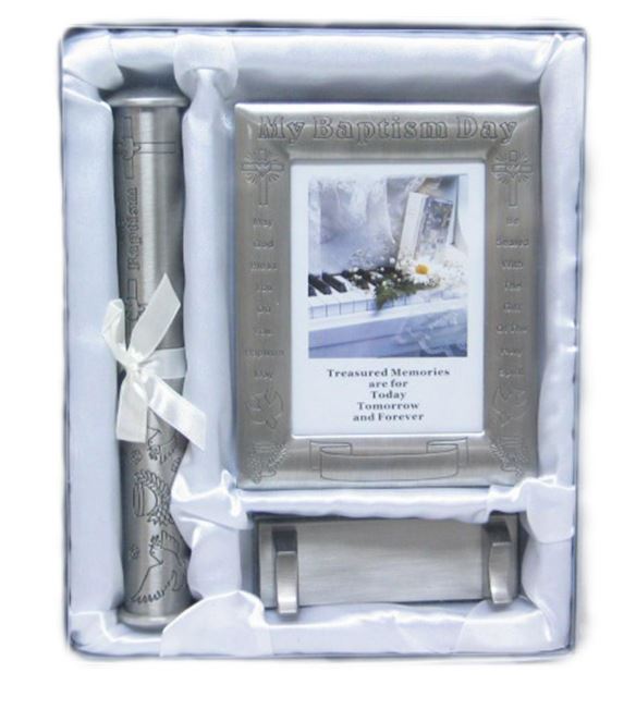 Pewter Baptism Frame with Certificate Tube and Stand Gift Set