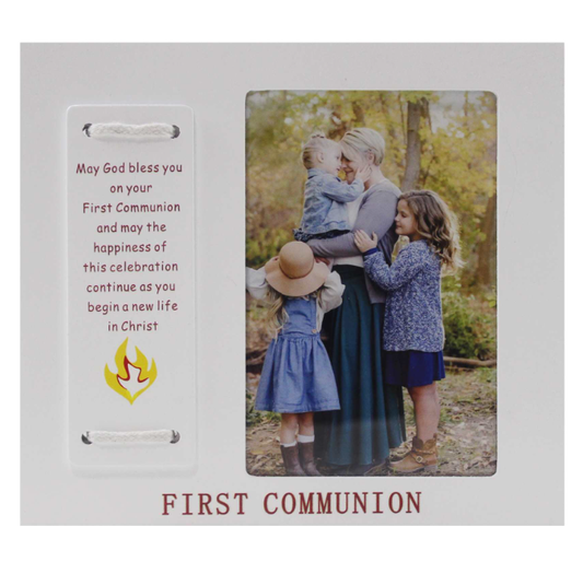 "First Communion" White Wooden Frame (4x6) with Message Tile