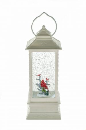 White LED Lantern Snow Globe with Cardinal Family