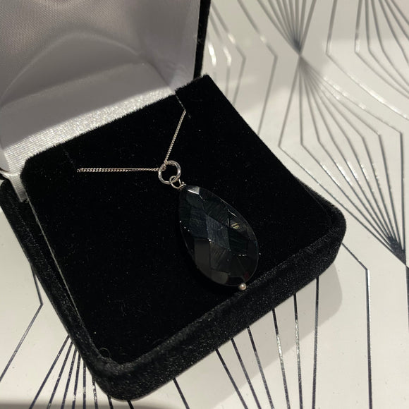 Black Cubic Zirconia Oval Pendant Sterling Silver Necklace