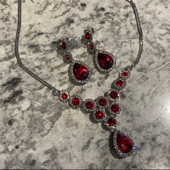 Red Jeweled Necklace & Earrings Set