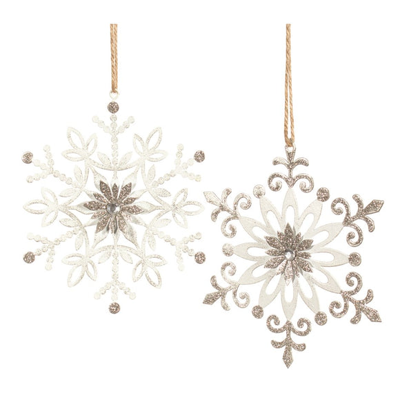White & Gold Metal Snowflake Ornaments