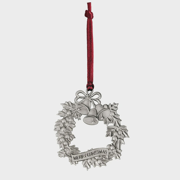 Pewter Wreath Ornament with Holly & Bells