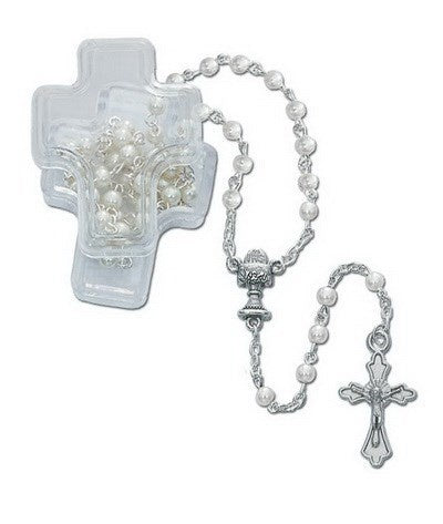 WHITE GLASS BEAD COMMUNION ROSARY IN CROSS BOX