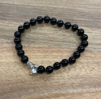 Black Tourmaline Bead Bracelet with heart charm