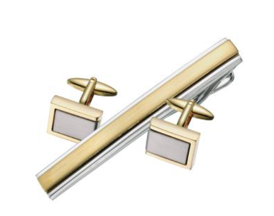 Cuff Link and Tie Bar Set - Brushed Gold & Silver