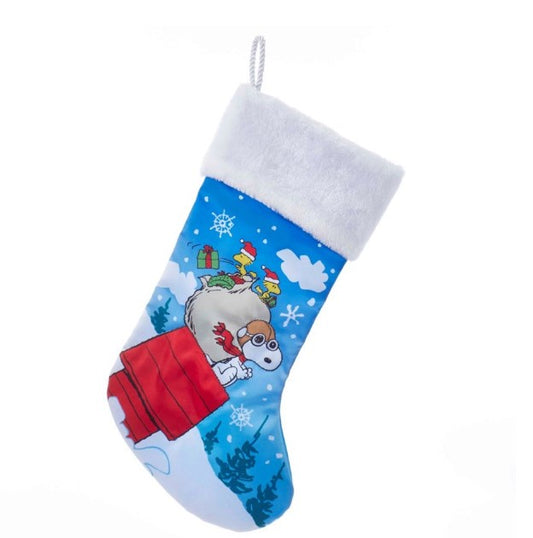 19"SNOOPY W/GLITTER SATIN PRINTED STOCKING W/WHITE PLUSH CUFF.