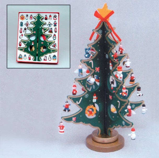 11.75"WOODEN TREE W/MINIATURE WOODEN ORNS 25PC.