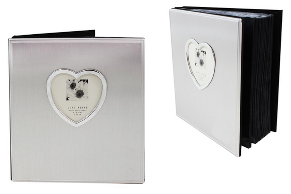 Brushed Silver Photo Album with Heart Opening