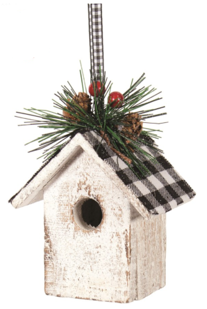 White Wood Bird House Ornament