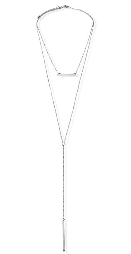 Long Double Layered Bar Necklace Silver