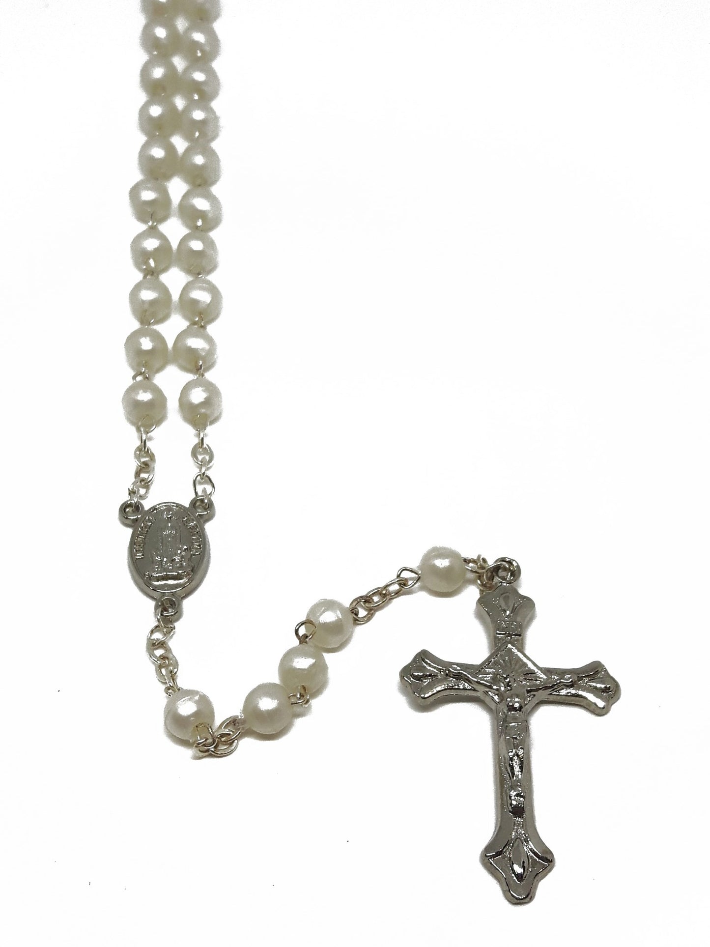 PLASTIC PEARL ROSARY WITH SILVER CRUCIFIX 18in HANG TAG