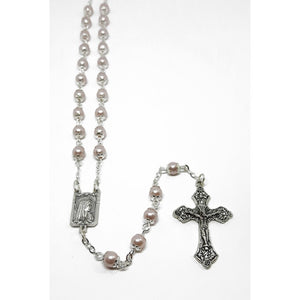 Capped Pink Pearl Rosary with Silver Crucifix Boxed