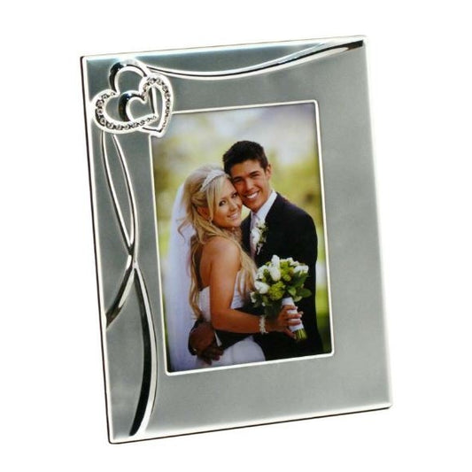 Frosted Silver Frame with Crystal Double Hearts 5x7"