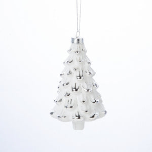 Glass Tree Ornament, Matte White With Silver Tips 5.5 In