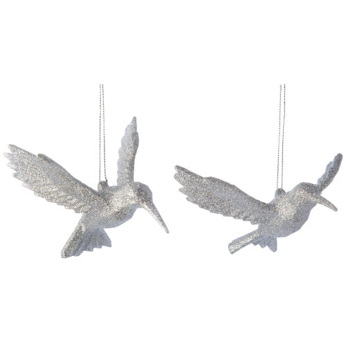 Acrylic Hummingbird Ornaments, Bright Silver Glitter 4.5 In