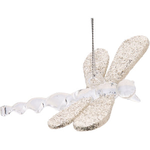 Extruded Clear Glass Dragonfly Ornament With Platinum Glitter Wings 3.75 In