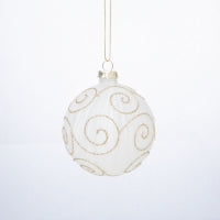 Glass Ball Ornament, Matte White Translucent With White Brush Marks, Gold Glitter Swirl 3 In