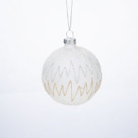 Glass Ball Ornament, Matte White Translucent With White, Silver And Gold Zig Zags, 3 In