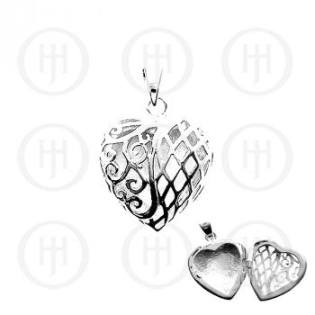 Sterling Silver Hand-Carved Heart Locket Pendant w/chain