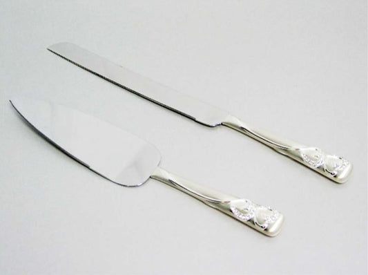 2pc Set Brushed 2 Tone Silver Knife and Server